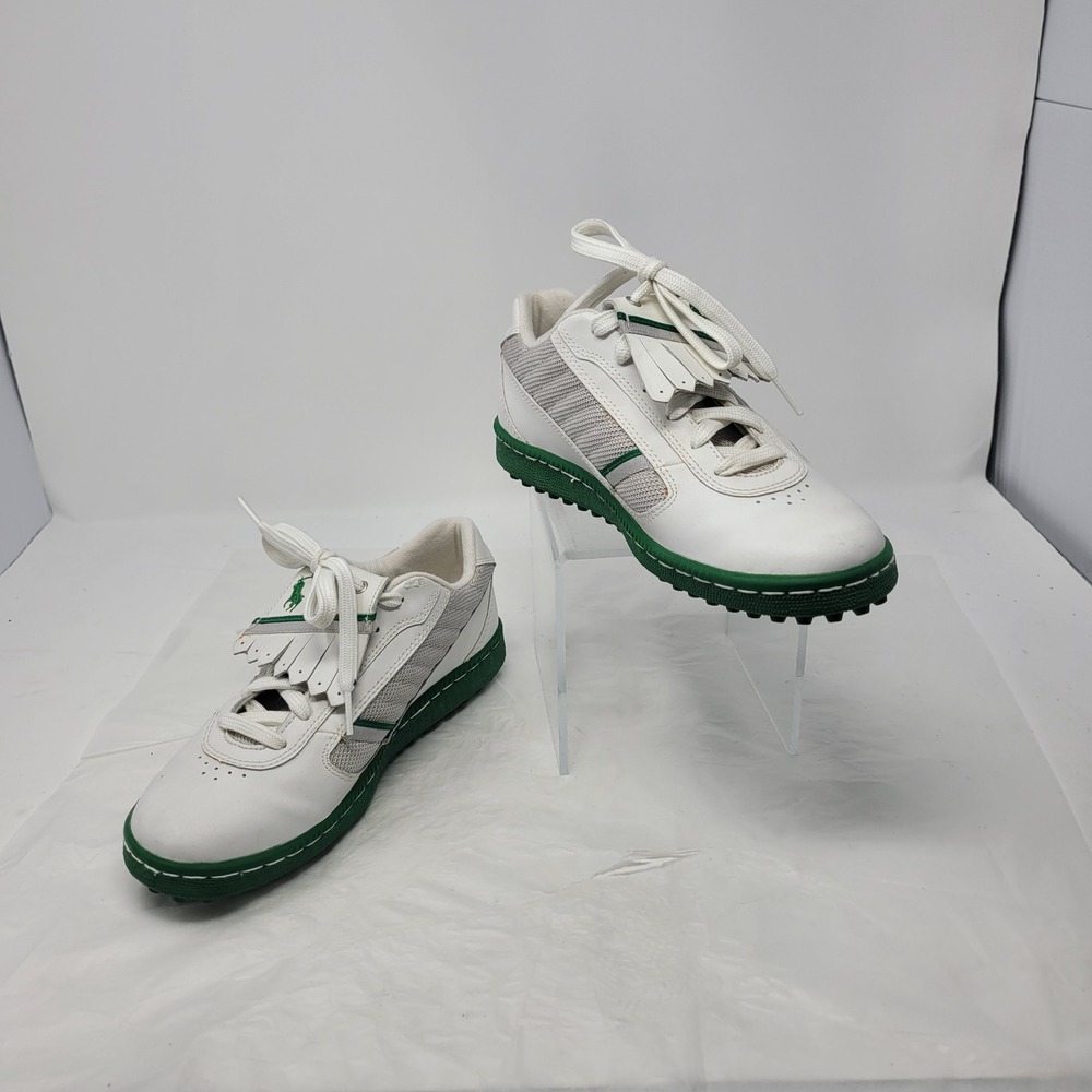 Vtg Polo Sport Ralph Lauren Tennis Prep Golf Shoes White Leather Kiltie Sz 7.5